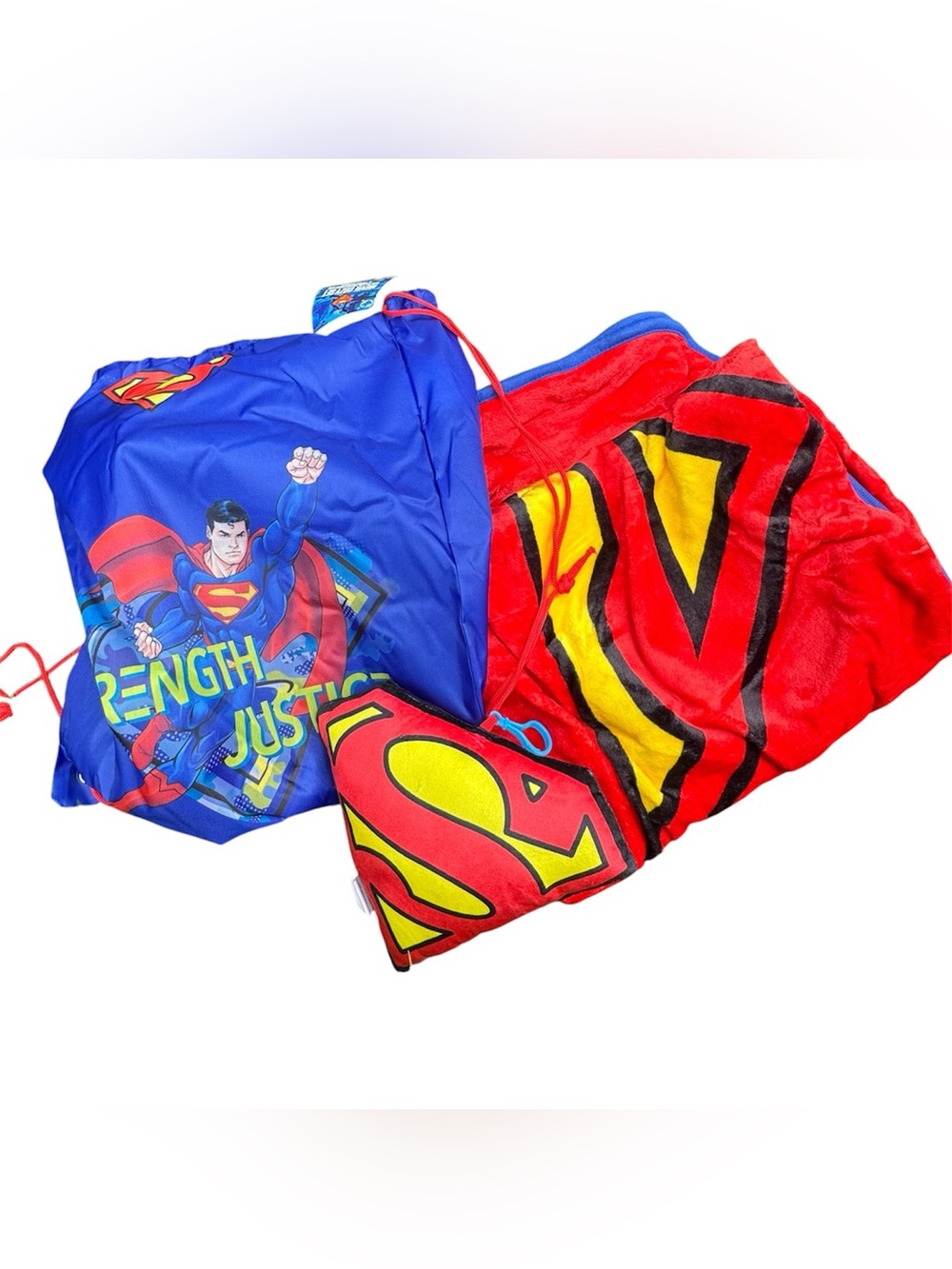 DC Superman 3 Piece Cozy Set Drawstring Backpack Blanket & Plush Keychain Gift
